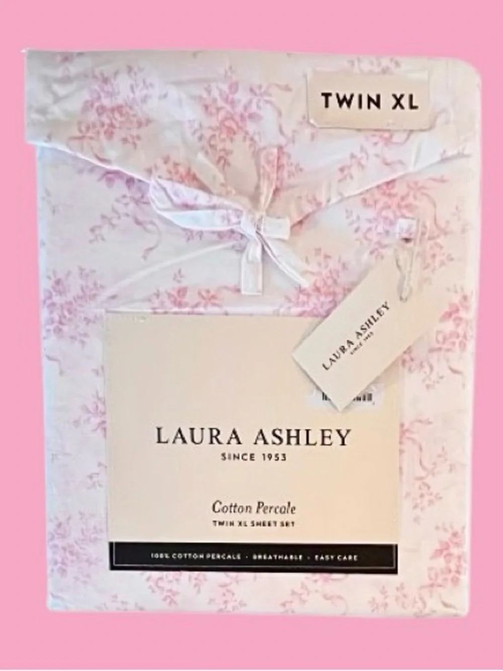 🆕- Laura Ashley Pink Floral Toile Cotton Percale Twin XL Sheet Set